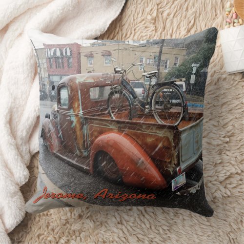 Vintage Truck and Bicycle in Jerome Arizona Throw Pillow