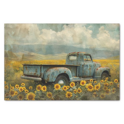 Vintage Truck and Sunflower Field Shabby Decoupage Tissue Paper