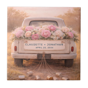 Vintage Truck Blush Floral Custom Name Wedding Ceramic Tile