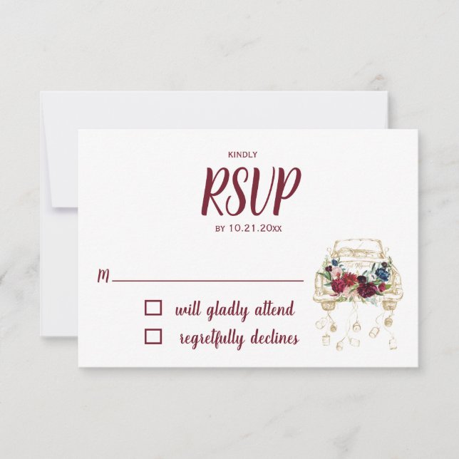 Vintage Truck Burgundy Wedding RSVP Card (Front)