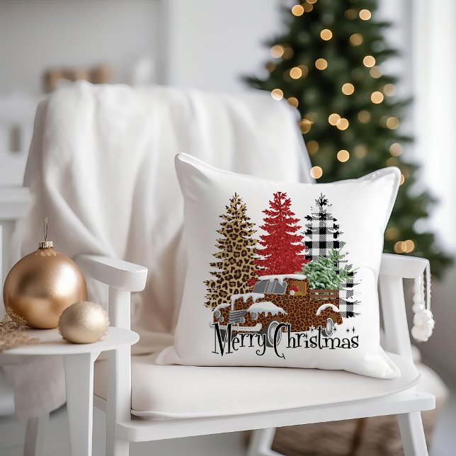 Vintage Truck Checkered Leopard Merry Christmas Throw Pillow (Vintage truck and buffalo plaid Christmas trees "Merry Christmas" decorator pillow)