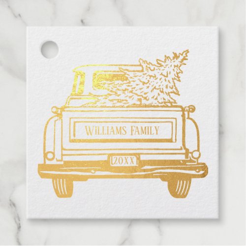 Vintage Truck Christmas Tree Family Name Foil Favor Tags