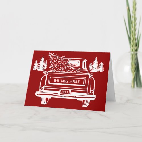 Vintage Truck Christmas Tree Family Name Red Holiday Card