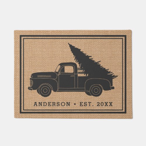 Vintage Truck Christmas Tree Family Name Rustic Doormat