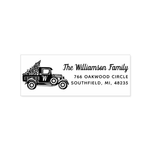 Vintage Truck Christmas Tree Monogram Address Rubber Stamp