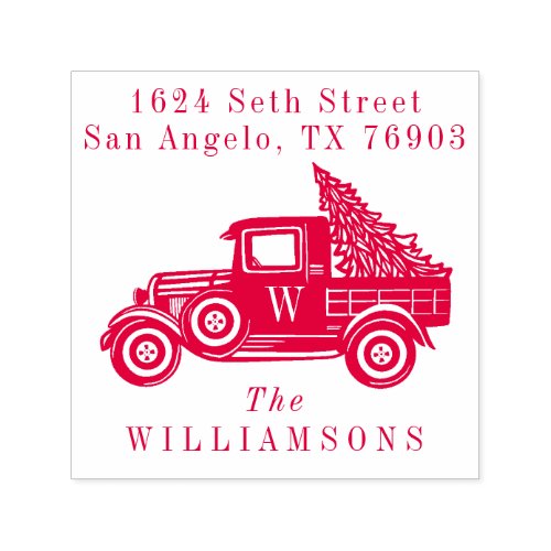 Vintage Truck  Christmas Tree Monogram Address Self_inking Stamp