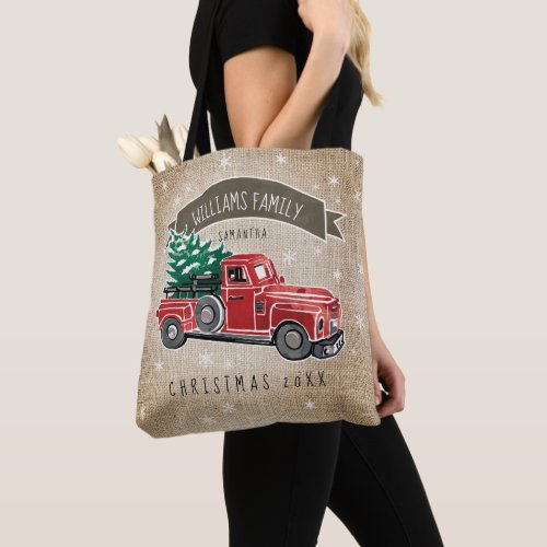 Vintage Truck Christmas Tree Monogram Faux Burlap Tote Bag