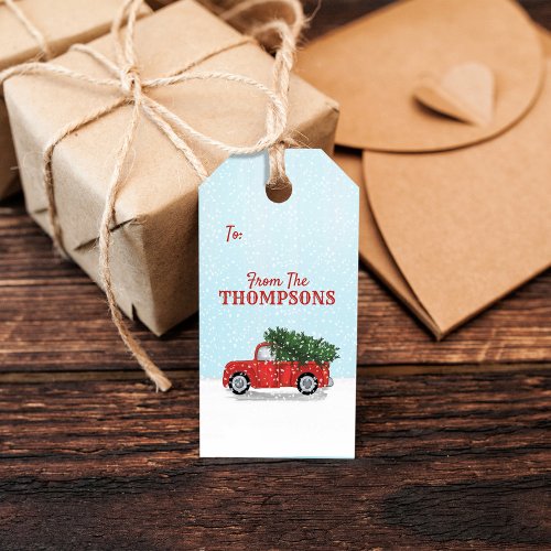 Vintage Truck Christmas Tree Snowflakes Holidays Gift Tags