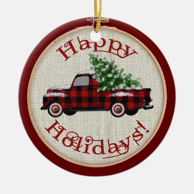 Vintage Truck | Embroidery Hoop Christmas Ceramic Ornament (Front)
