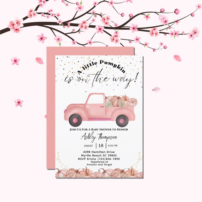 Vintage Truck  Fall Pink Pumpkin Baby Shower Invitation (Creator Uploaded)
