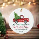 Vintage Truck First Christmas Mr and Mrs Ceramic Ornament<br><div class="desc">Watercolor Vintage Red Truck with Christmas Tree. Our First Christmas as Mr. and Mrs. Ornament. Red Script.</div>