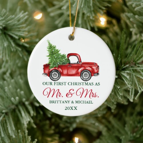 Vintage Truck First Christmas Mr and Mrs Ceramic Ornament