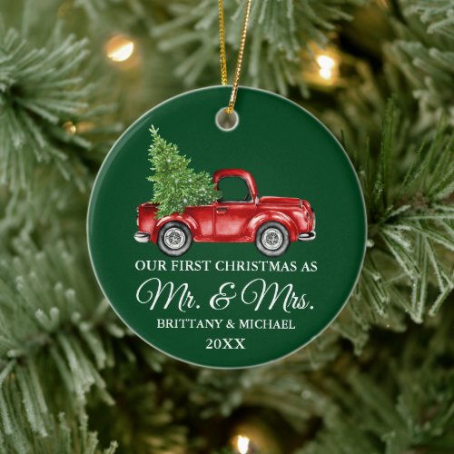 Vintage Truck First Christmas Mr and Mrs Green Ceramic Ornament