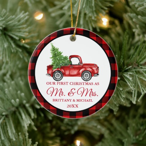 Vintage Truck First Christmas Mr and Mrs Plaid Ceramic Ornament