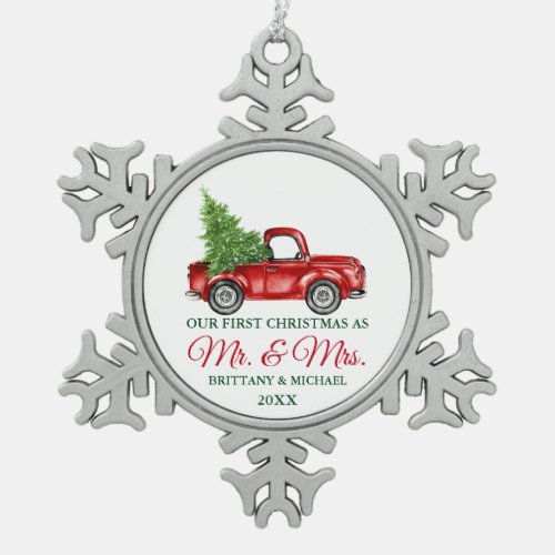 Vintage Truck First Christmas Mr and Mrs Snowflake Pewter Christmas Ornament