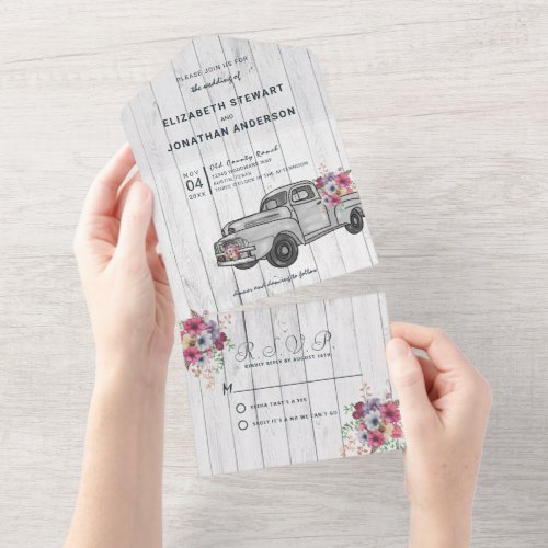 Vintage Truck Floral All in One Wedding Invite