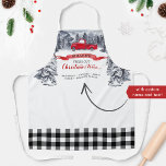 Vintage Truck Fresh Cut Trees, Black Buffalo Plaid Apron<br><div class="desc">Gorgeous custom Holiday apron with your own family name, name or business name and exquisite hand painted watercolor winter scenery of mountains, forest, old fashion red vintage truck with Christmas trees, red name banner and the phrase "Fresh cut Christmas Trees" in red and black calligraphy and block typography. Decorative border...</div>