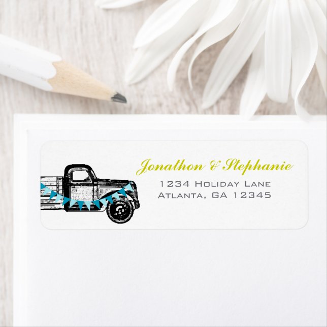 Vintage Truck Getting Hitched Wedding Labels (Insitu)