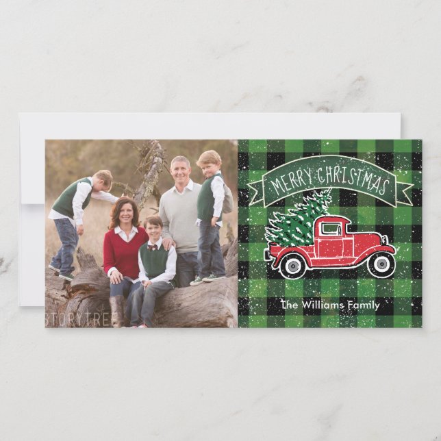 Vintage Truck Green Buffalo Plaid Photo Holiday Card (Front)