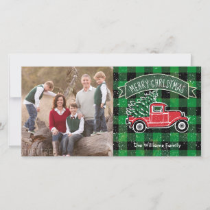 Vintage Truck Green Buffalo Plaid Photo Holiday Card
