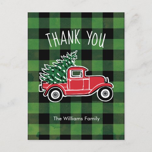 Vintage Truck Green Buffalo Plaid Thank You Holiday Postcard