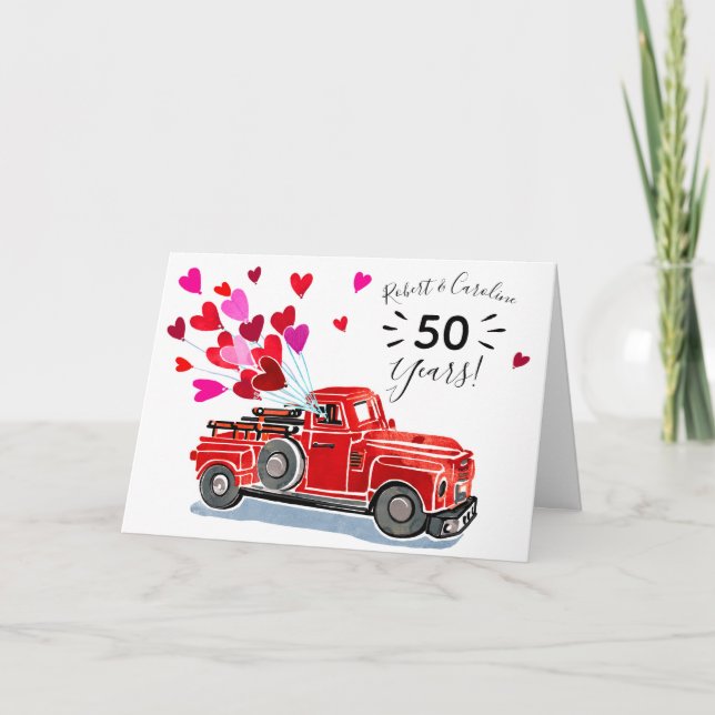 Vintage Truck Hearts Add Names Happy Anniversary Card (Front)