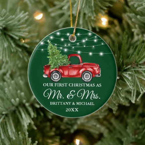 Vintage Truck Lights First Christmas Mr and Mrs Ceramic Ornament