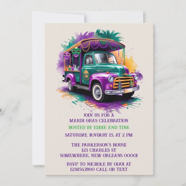 Vintage Truck Mardi Gras Celebration Invitation (Front)