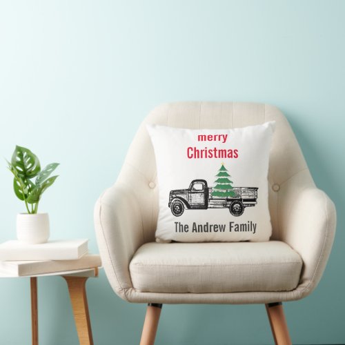 Vintage Truck Merry Christmas Tree Family Name  Throw Pillow