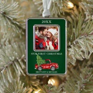 Vintage Truck Our First Christmas Couple Photo Ornament