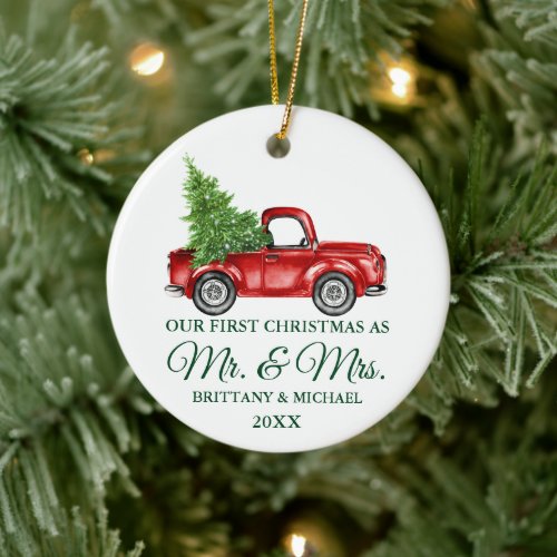 Vintage Truck Our First Christmas Mr and Mrs Ceramic Ornament