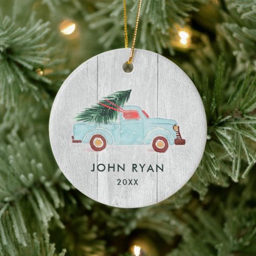 Vintage Truck Personalized Babys First Christmas Ceramic Ornament