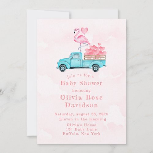 Vintage Truck Pink Flamingo Hearts Baby Shower Invitation