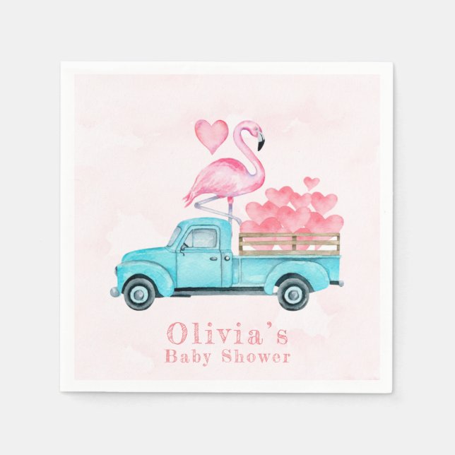Vintage Truck Pink Flamingo Hearts Baby Shower Napkins (Front)