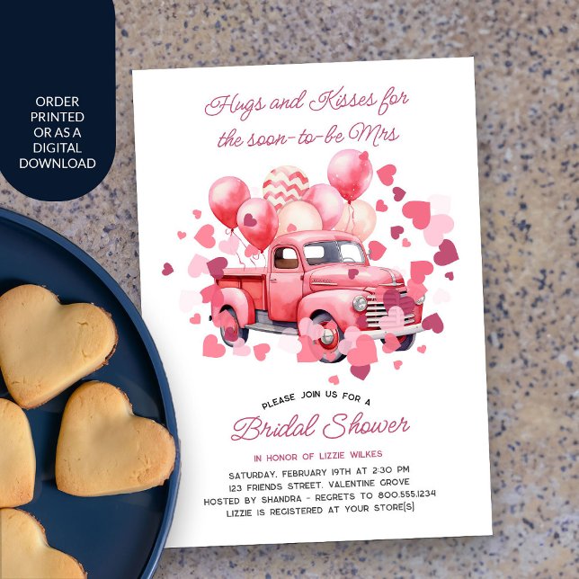 Vintage Truck Pink Valentine Bridal Shower Invitation (Valentine Bridal Shower Invitation with pink vintage truck and love hearts)