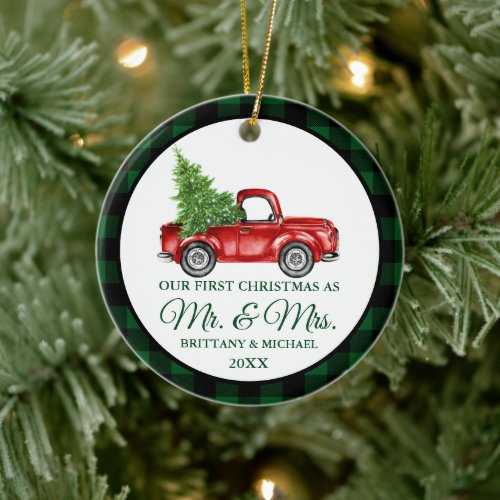 Vintage Truck Plaid First Christmas Mr and Mrs Ceramic Ornament