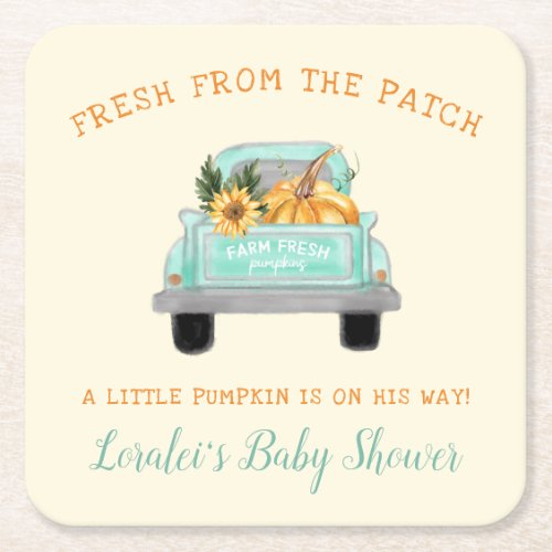 Vintage Truck Pumpkin On The Way Fall Baby Shower Square Paper Coaster
