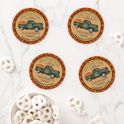 Vintage Truck Pumpkin Patch Farm Rustic Fall Plaid Coaster Set