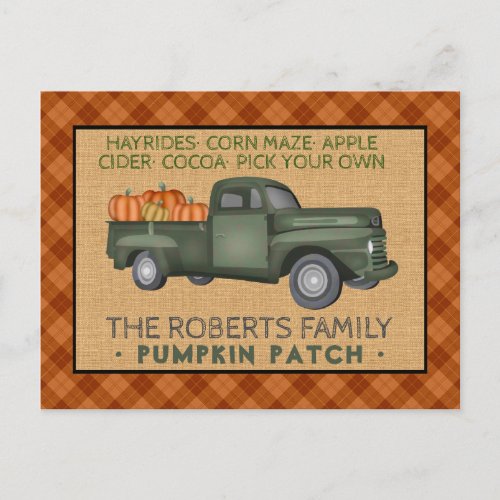 Vintage Truck Pumpkin Patch Farm Rustic Fall Plaid Holiday Postcard
