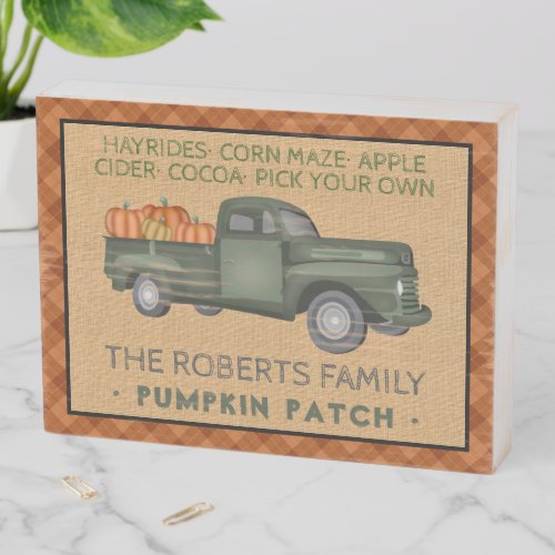 Vintage Truck Pumpkin Patch Farm Rustic Fall Plaid Wooden Box Sign