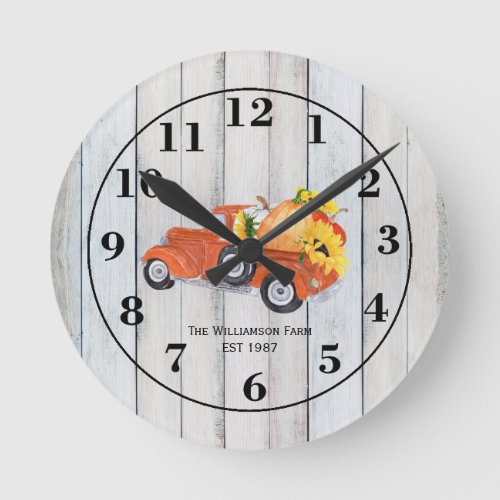 Vintage Truck Pumpkins Sunflowers Name Farmhouse Round Clock