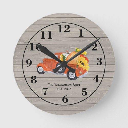 Vintage Truck Pumpkins Sunflowers Name Farmhouse Round Clock