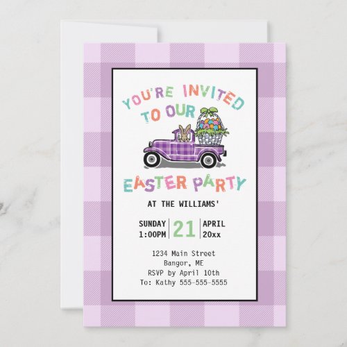 Vintage Truck Purple Gingham Easter Party Invitation