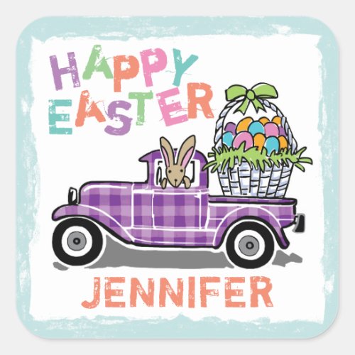 Vintage Truck Purple Gingham Happy Easter Bunny Square Sticker