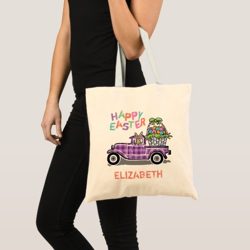 Vintage Truck Purple Gingham Happy Easter Bunny Tote Bag