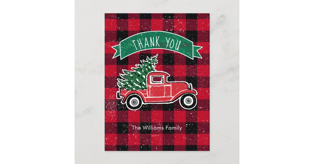 Vintage Truck Red Buffalo Check Thank You Holiday Postcard | Zazzle.com