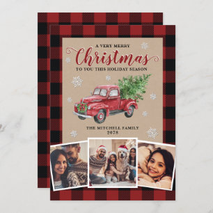 Vintage Truck Red Buffalo Plaid Christmas 3 Photo Holiday Card