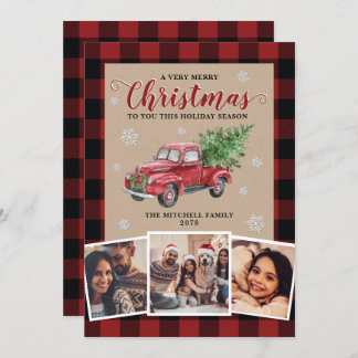 Vintage Truck Red Buffalo Plaid Christmas 3 Photo Holiday Card