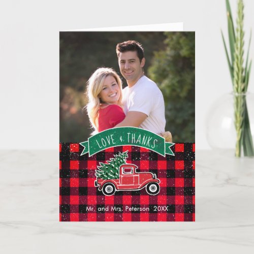 Vintage Truck Red Buffalo Plaid Holiday Photo Thank You Card