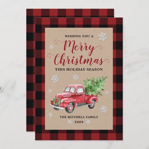 Vintage Truck Red Buffalo Plaid Merry Christmas Holiday Card